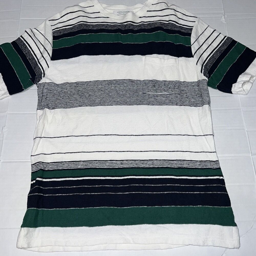 Japanese JOURNAL STANDARD Striped Pocket Shirt Men’s Sz Medium White Black Green